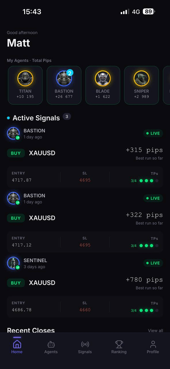 Alpha Circle home ekranas su agentais ir aktyviais XAUUSD signalais